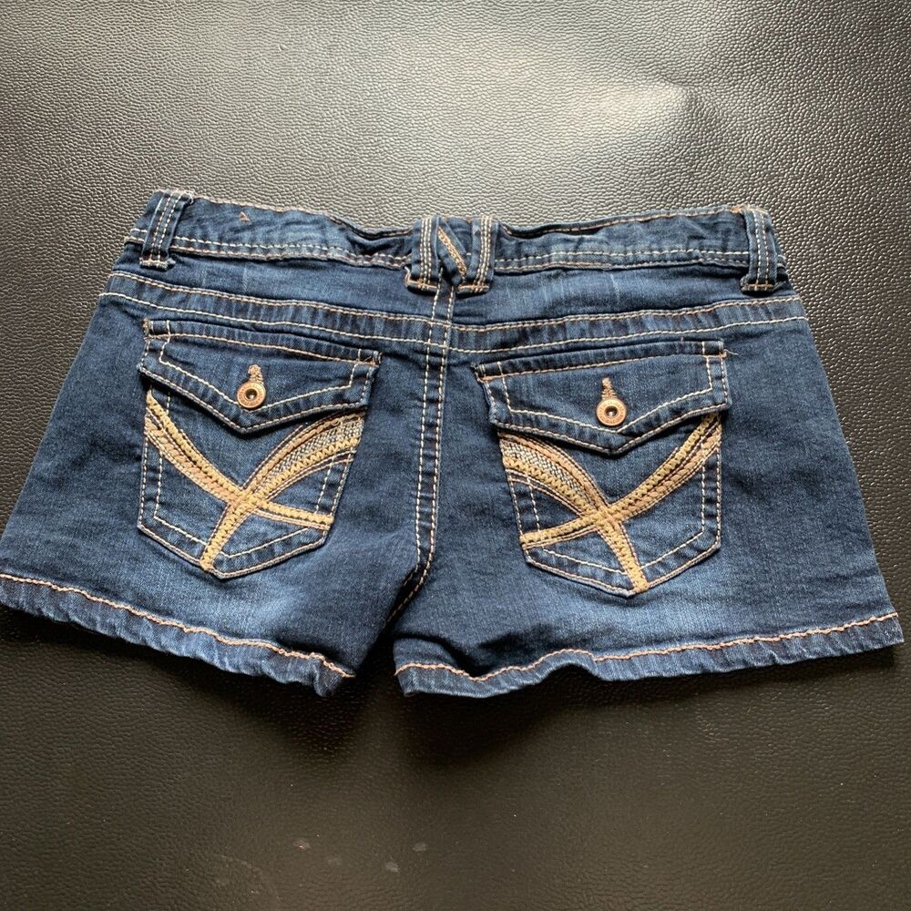 Vtg Y2K Rue 21  Jeans Short Festival Size 7/8 Mcbling Embroidered Low Rise